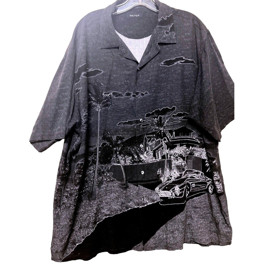 Nautica Rayon Camp Button Up Shirt Mens L Charcoal Gray Tropical Car Scenic